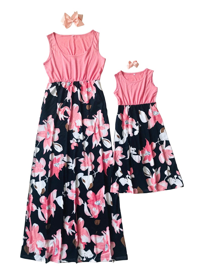 Qin.Orianna Mommy and Me Boho Floral Family Matching Maxi Dress with Pocket for Motherâ€™s Day Pink - Image 3